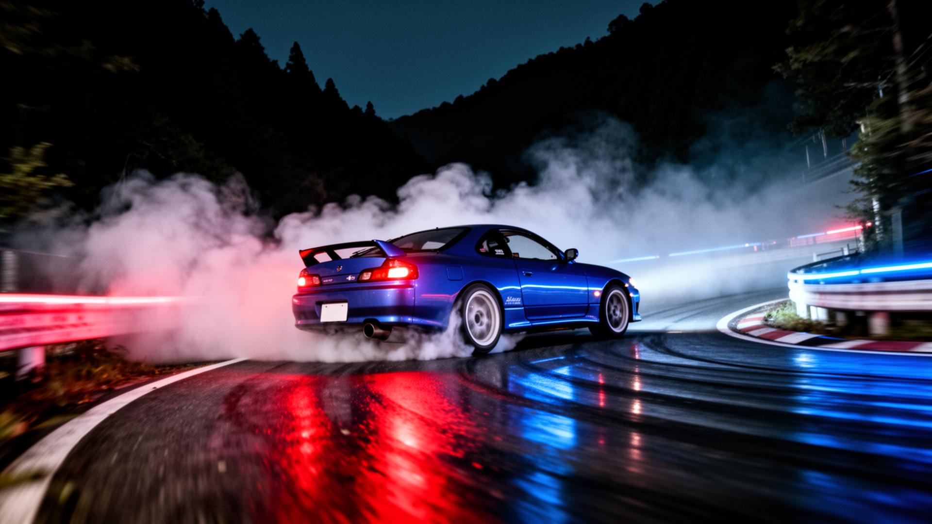 JDM drift car sliding through a mountain touge corner at night